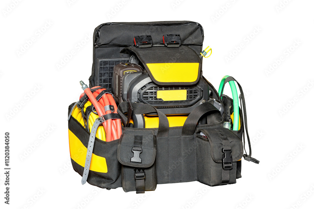 Versatile utility bag ready for electrical work in a workshop environment, isolated on white background.