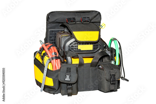 Obraz na płótnie Versatile utility bag ready for electrical work in a workshop environment, isolated on white background. w salonie
