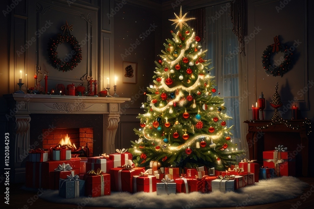 A beautifully decorated Christmas tree with presents underneath A beautifully decorated Christmas tree with presents underneath