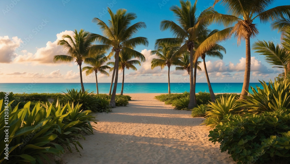 Tropical Beach Pathway with Palm Trees, Lush Green Foliage, and Turquoise Ocean Under a Clear Blue Sky Tropical Beach Pathway with Palm Trees, Lush Green Foliage, and Turquoise Ocean Under a Clear Blue Sky