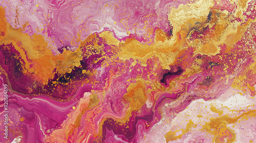 Abstract fluid art painting in shades of pink, and yellow swirls with gold accents.