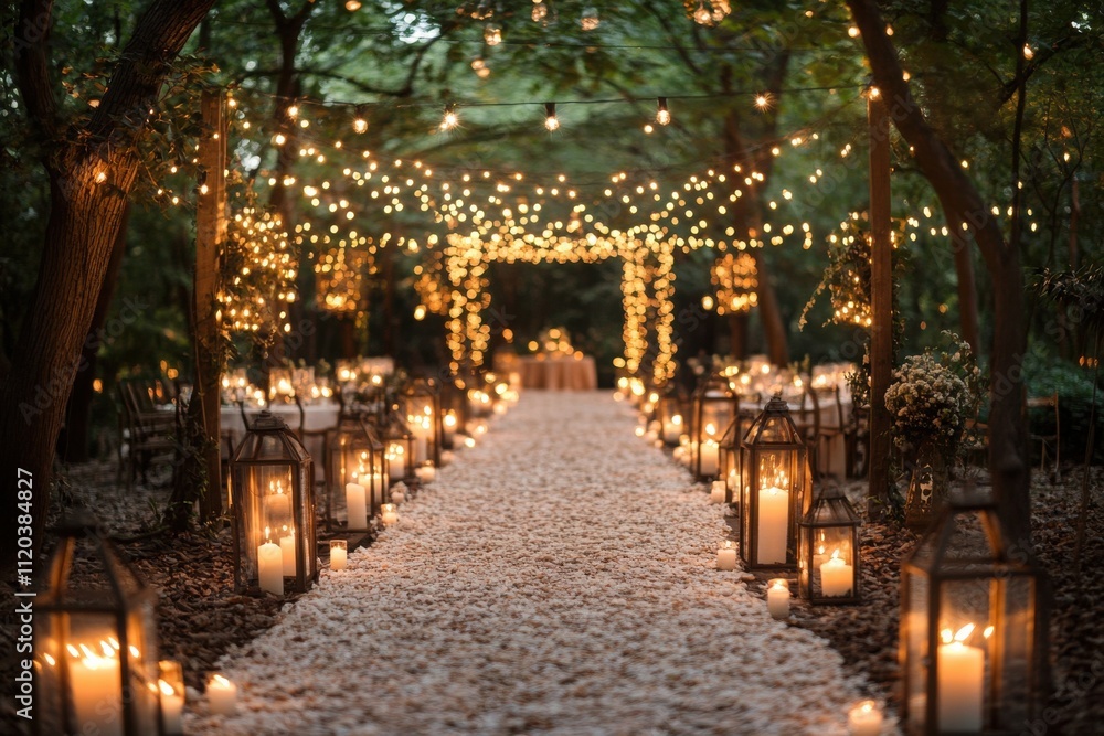 Fototapeta premium Enchanting evening wedding ceremony outdoor venue romantic decorations forest setting warm lighting celebration of love