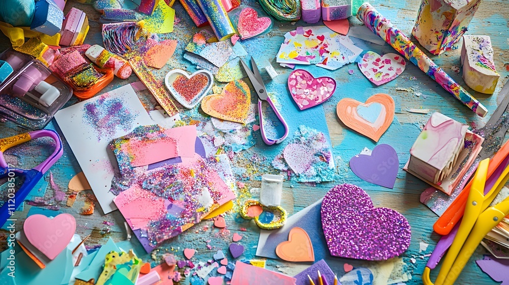 Naklejka premium Colorful Craft Supplies Scattered On A Wooden Table