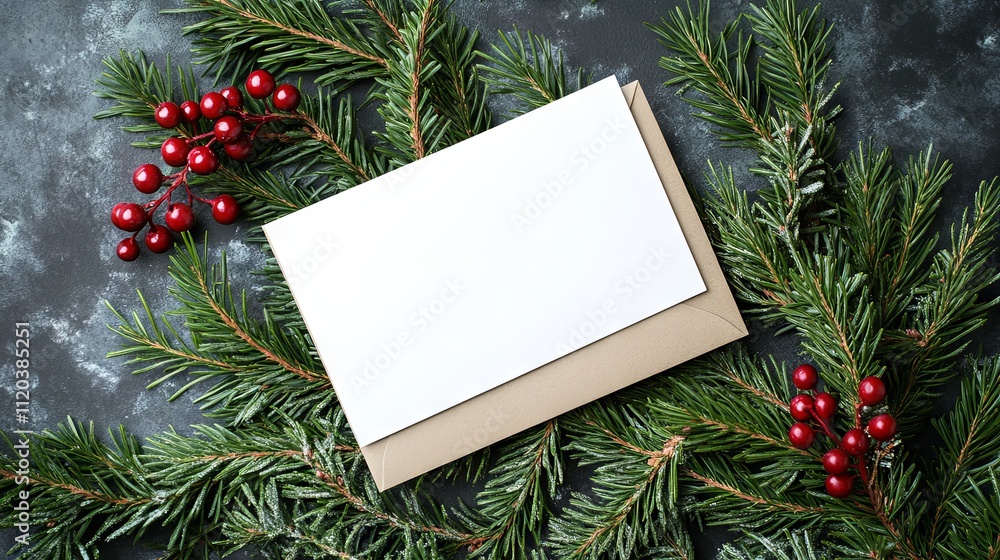Christmas Card Mockup with Pine Branches and Red Berries Christmas Card Mockup with Pine Branches and Red Berries