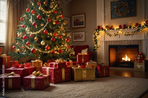 A beautifully decorated Christmas tree with presents underneath