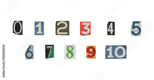 cut-out numbers set from magazines on a transparent background