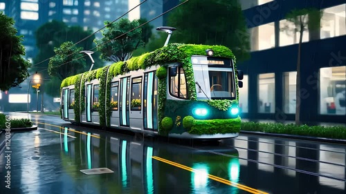 Eco-Friendly Green Tram Covered with Plants Traveling Through Rainy Urban Street at Night

 photo