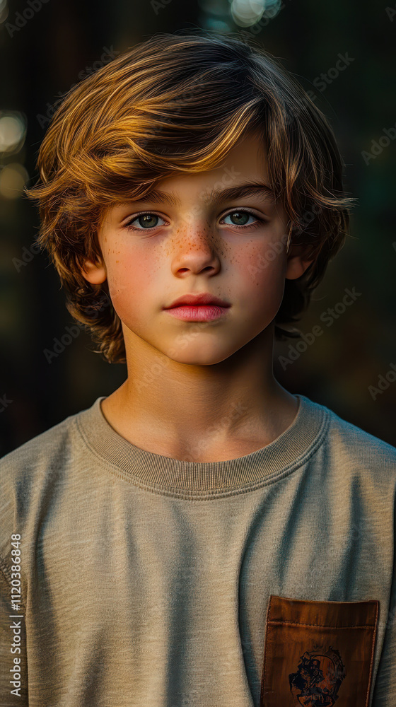 Portrait of a Contemplative 12-Year-Old Boy in Natural Light with Thoughtful Expression