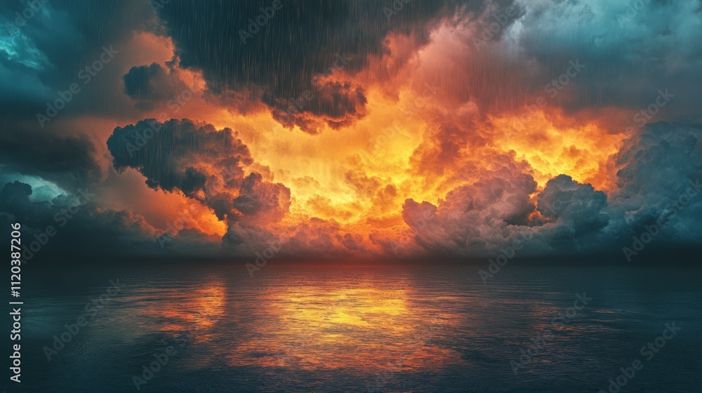 Fiery sunset reflected on calm water, dramatic cloudscape. Fiery sunset reflected on calm water, dramatic cloudscape.