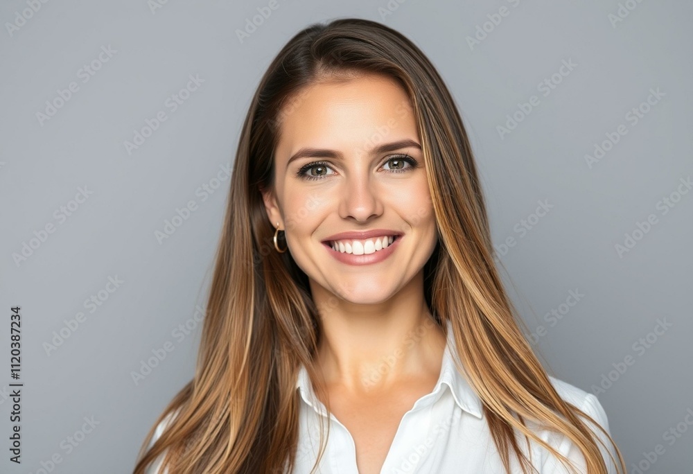 Portrait of a smiling woman with long brown hair and white blouse Portrait of a smiling woman with long brown hair and white blouse