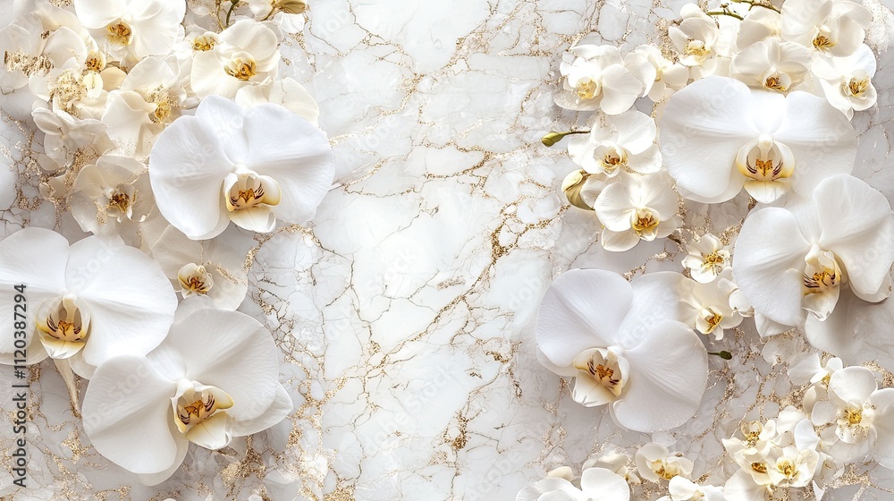 Elegant white orchids and roses floating across a marble surface with golden accents, creating a sophisticated and luxurious atmosphere. Elegant white orchids and roses floating across a marble surface with golden accents, creating a sophisticated and luxurious atmosphere.
