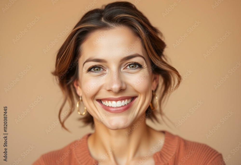 Warm and inviting portrait of a 35-year-old female with a happy smile Warm and inviting portrait of a 35-year-old female with a happy smile