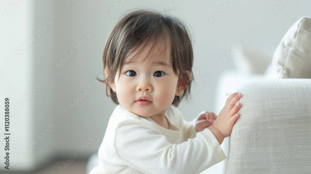 Adorable Baby with Curious Expression in Bright Living Room Setting Adorable Baby with Curious Expression in Bright Living Room Setting