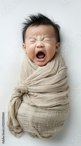 Adorable Newborn Baby Wrapped in Soft Beige Blanket Yawning Peacefully on White Background