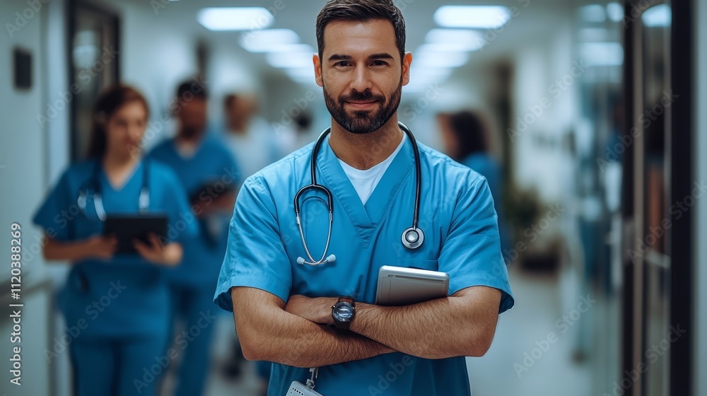 Doctor muy apuesto y orgulloso de su labor gracias a su equipo médico. Doctor muy apuesto y orgulloso de su labor gracias a su equipo médico.