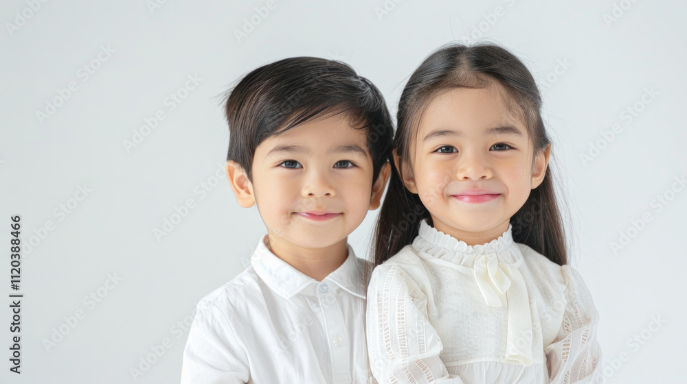 Adorable Siblings Smiling in White Outfits Against a Soft White Background Capturing Innocence and Joyful Expressions Adorable Siblings Smiling in White Outfits Against a Soft White Background Capturing Innocence and Joyful Expressions