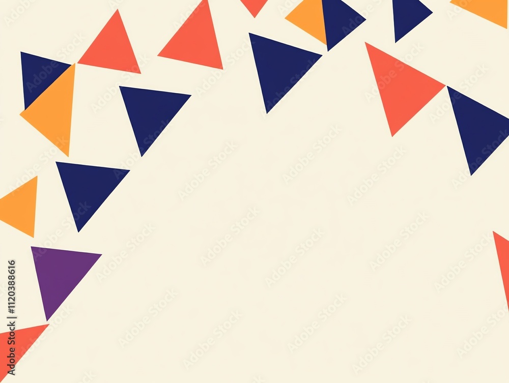 Fototapeta premium Colorful geometric triangles on beige canvas with copy space, for celebratory themed card or banner backdrop