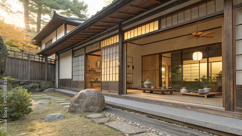 Japanese style house with large windows and wooden planks, tea sets inside, traditional architectural style, Japanese style house with large windows and wooden planks, tea sets inside, traditional architectural style,