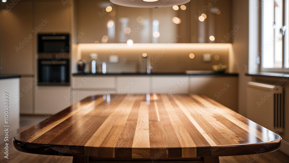 A beautifully polished empty wooden table, illuminated by soft, warm, and inviting natural light A beautifully polished empty wooden table, illuminated by soft, warm, and inviting natural light