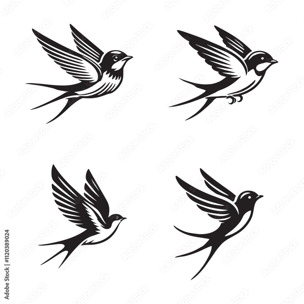 Elegant Swallow Silhouette Vector Set - Black and White Bird Illustrations Elegant Swallow Silhouette Vector Set - Black and White Bird Illustrations