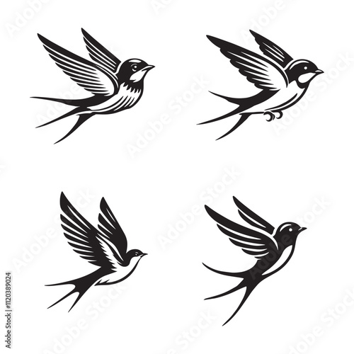 Elegant Swallow Silhouette Vector Set - Black and White Bird Illustrations