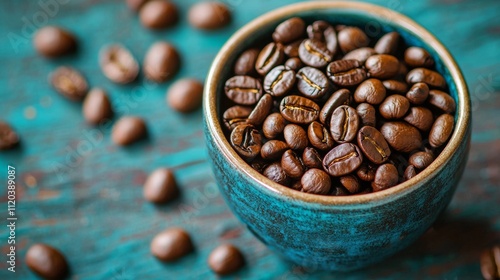 Coffee beans in a rustic bowl on a textured wooden surface photo