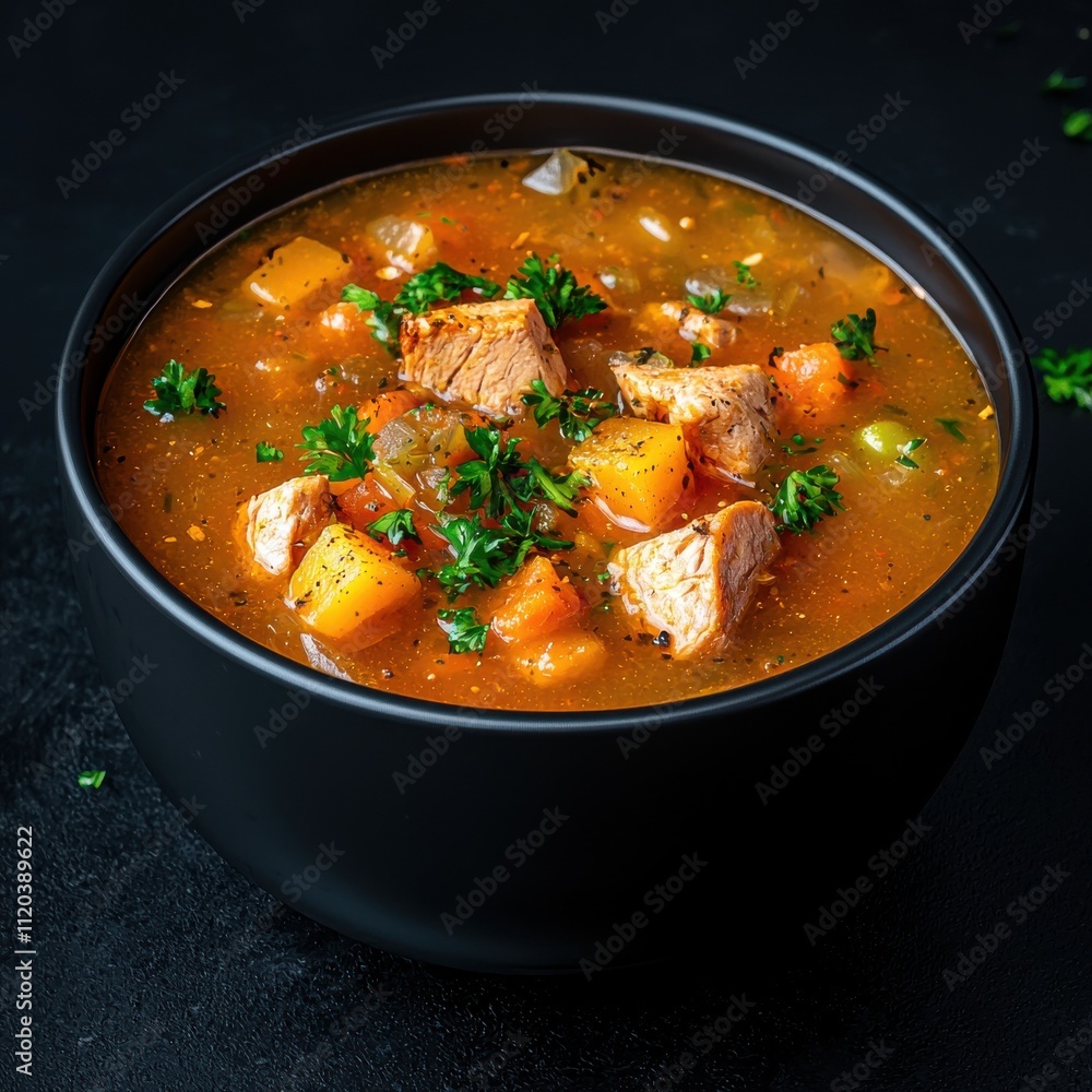 Savory chicken vegetable soup recipe cozy kitchen high-resolution image dark background culinary art comfort food Savory chicken vegetable soup recipe cozy kitchen high-resolution image dark background culinary art comfort food