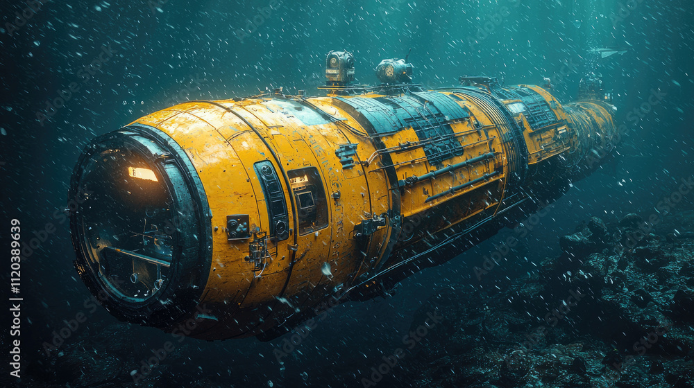 Autonomous submarine moves underwater, orange research ROV bathyscaphe in ocean, deep sea vehicle swims under water. Concept of science, depth, exploration Autonomous submarine moves underwater, orange research ROV bathyscaphe in ocean, deep sea vehicle swims under water. Concept of science, depth, exploration