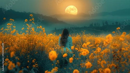 Woman in yellow flower field at night, full moon.