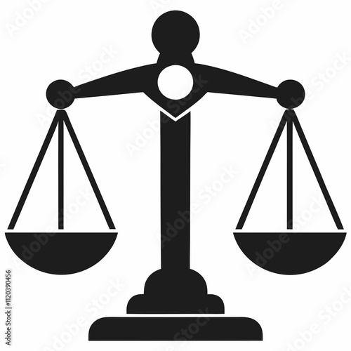 Black balance scale icon representing justice and law on a white background