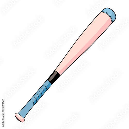 Pink baseball bat with light blue accents angled to right. Vibrant cartoon-style sports equipment with playful coloring for youth leagues. Concept sporting goods, children's athletics, gender inclusiv