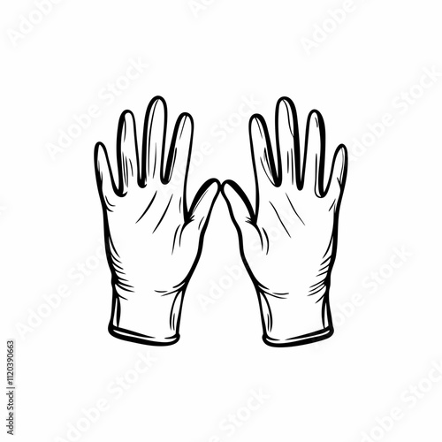Black and white illustration of disposable gloves, vector image designed for health safety visuals, medical posters, or pharmacy packaging. Concept: hygiene infographics, healthcare branding, medical 