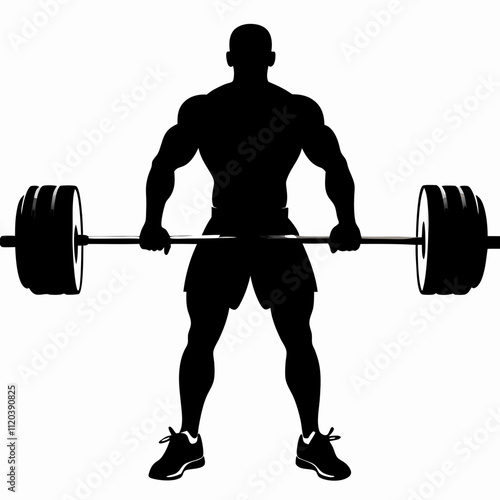 Black silhouette of a bodybuilder lifting a barbell for strength training and fitness