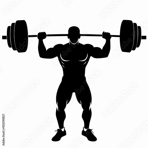 Vector silhouette of bodybuilder performing overhead barbell lift, symmetrical gym-themed icon for athletic branding, training programs or powerlifting promotions. Concept: gym membership visuals