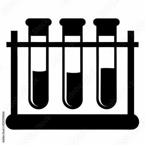Three test tubes filled at different levels in rack, black vector silhouette for science visuals, lab branding or chemistry infographic sets. Concept: educational science content, pharmaceutical UI,
