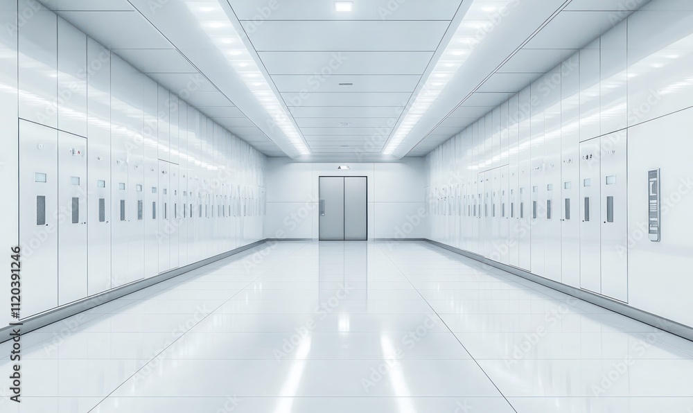 Obraz premium Empty, modern, white hallway with reflective floor, industrial equipment.