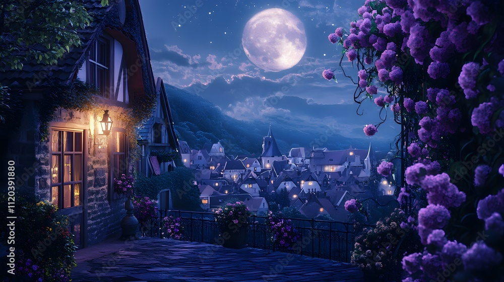 Obraz premium A serene nighttime scene of a village under a full moon, with purple flowers in bloom.