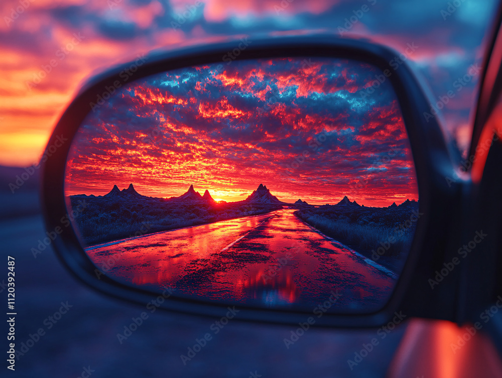 a car side mirror reflecting a stunning sunset with vibrant red and orange colors, along with a striking view of rugged, snow-capped mountains. The mirror is slightly wet a car side mirror reflecting a stunning sunset with vibrant red and orange colors, along with a striking view of rugged, snow-capped mountains. The mirror is slightly wet
