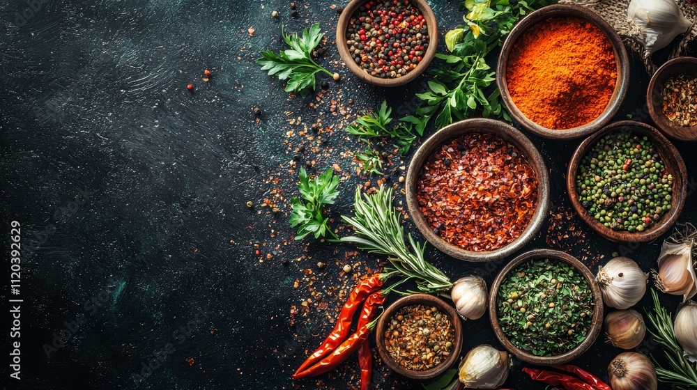 Assorted spices and herbs on a dark textured background Assorted spices and herbs on a dark textured background