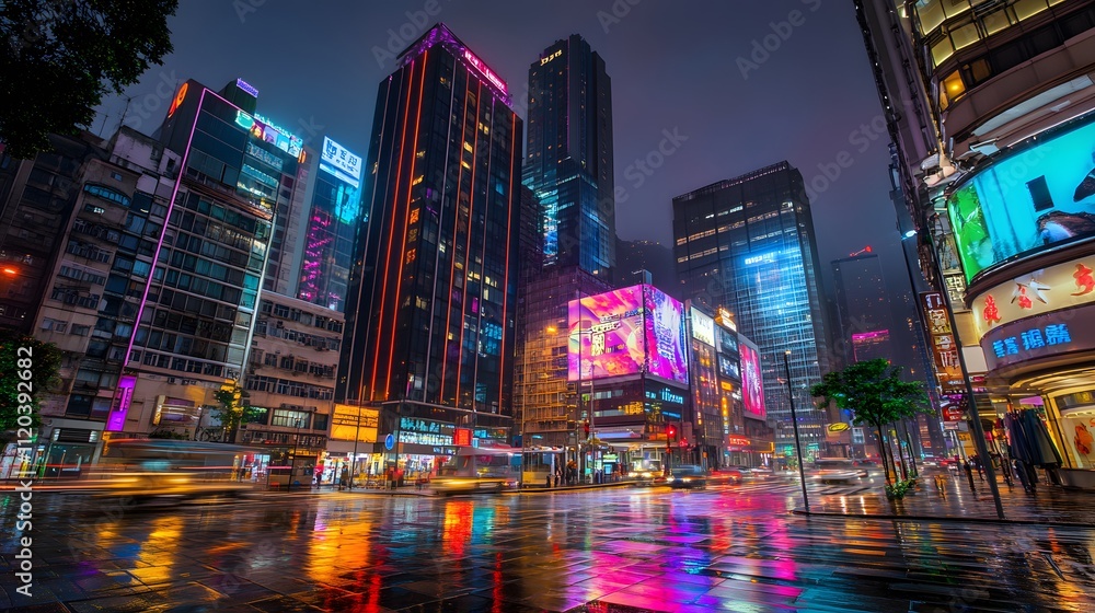 Vibrant cityscape at night showcasing illuminated skyscrapers and reflections in the rain. Vibrant cityscape at night showcasing illuminated skyscrapers and reflections in the rain.