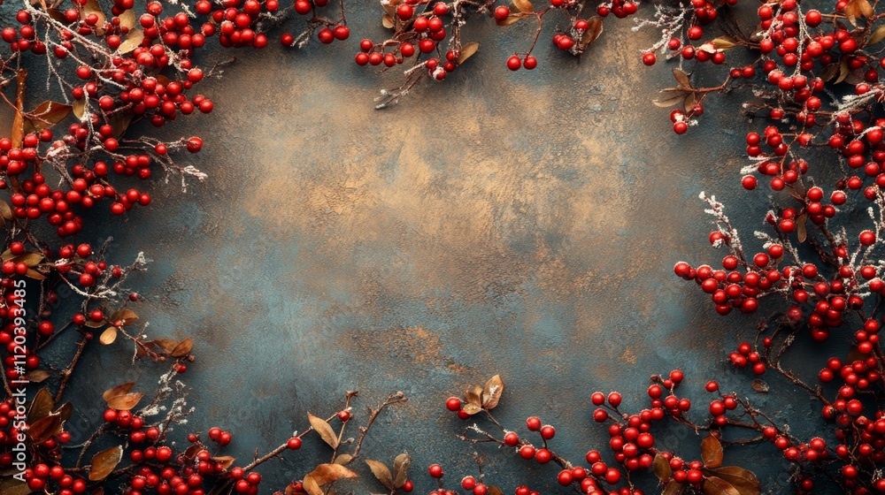 Rustic Christmas Theme with Red Berries and Frost. Generative AI Rustic Christmas Theme with Red Berries and Frost. Generative AI