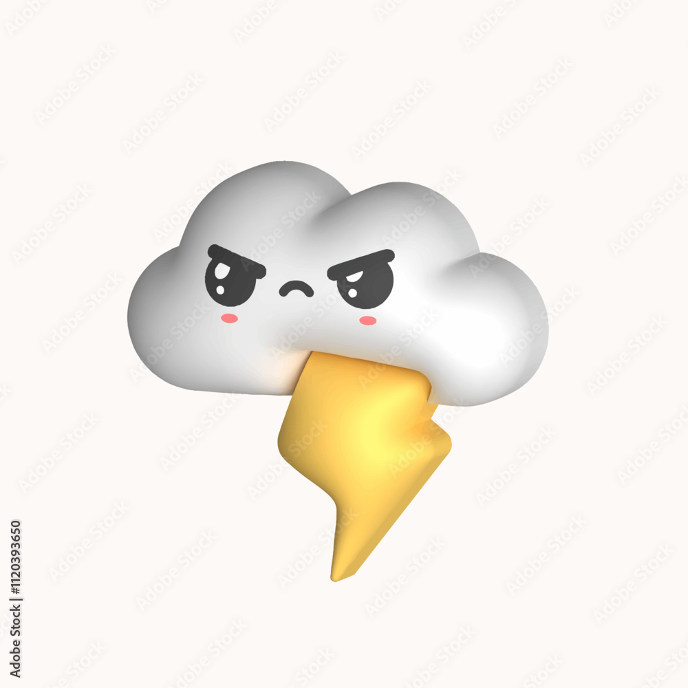 Angry Cloud with lightning. Kawaii weather icon with face expression. Colorful funny character. Plasticine, clay cartoon 3D style. Hand drawn modern Vector illustration. Isolated design element Angry Cloud with lightning. Kawaii weather icon with face expression. Colorful funny character. Plasticine, clay cartoon 3D style. Hand drawn modern Vector illustration. Isolated design element