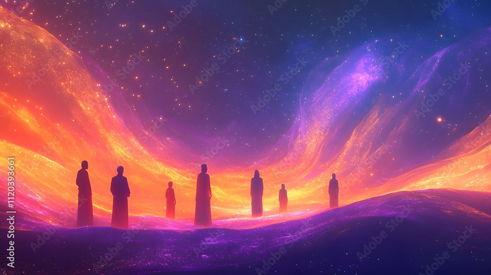 Cosmic universe scene with human figure in silhouette under fiery vibrant sky of star and galaxies Cosmic universe scene with human figure in silhouette under fiery vibrant sky of star and galaxies