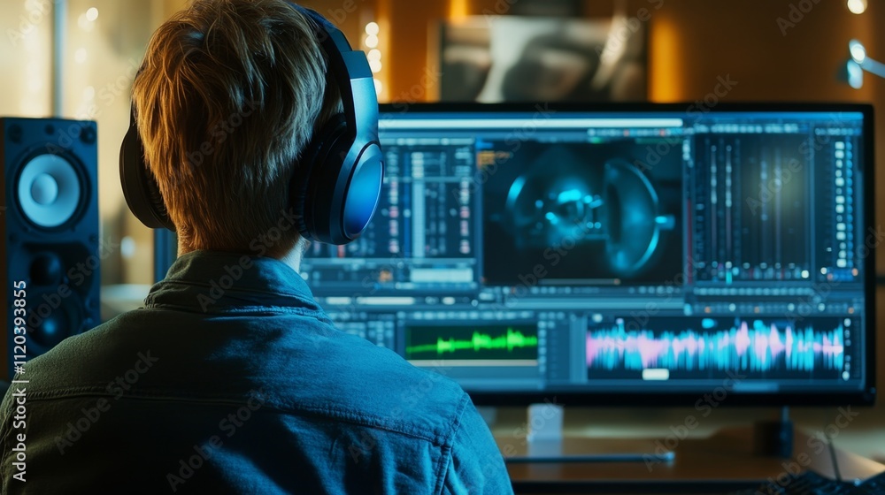 Creative video editing session at home studio digital content creation modern atmosphere focused viewpoint on technology Creative video editing session at home studio digital content creation modern atmosphere focused viewpoint on technology