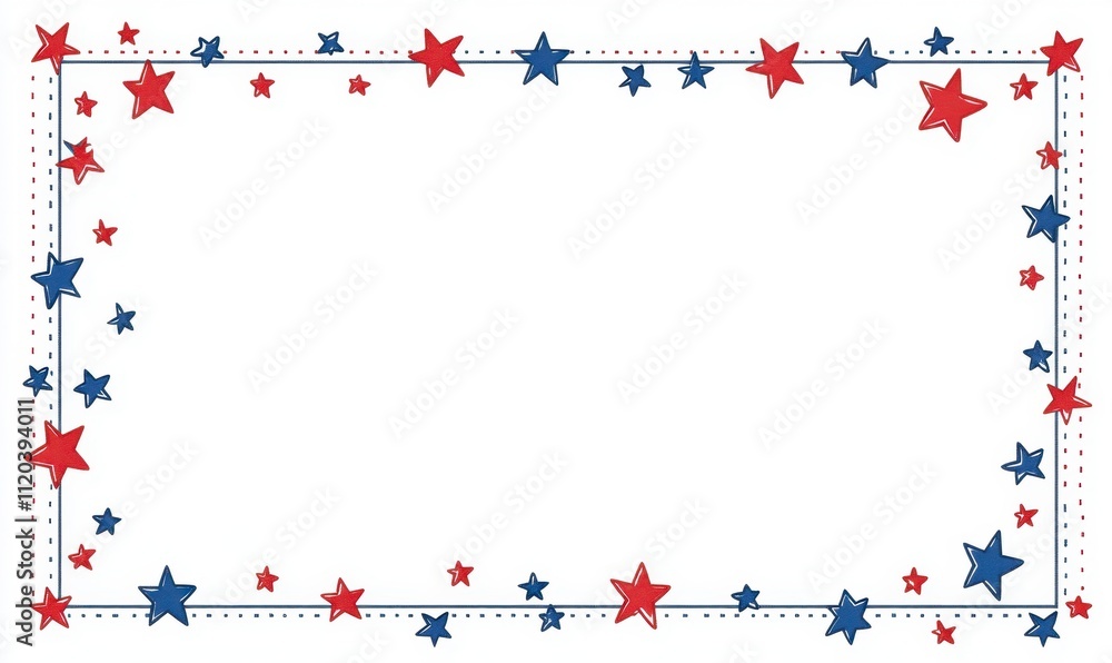 Fototapeta premium A blank rectangular frame with a border of red, white, and blue stars for a USA theme The background is pure white template, card, invitation, banner, or poster Generative AI