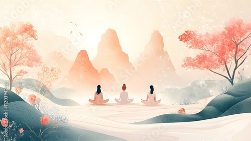 Meditative figure in serene mountainous landscape with soft pastel color and blooming tree representing tranquility and inner peace
