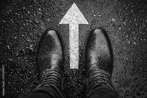 Shiny Black Boots Facing an Arrow on Wet Pavement, Symbolizing Direction  

