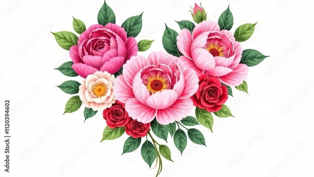 An illustration of a heart composed of various flowers peonies, tulip and roses and green leaves. Bright, elegant design,card, poster, wallpaper,valentine's day, love An illustration of a heart composed of various flowers peonies, tulip and roses and green leaves. Bright, elegant design,card, poster, wallpaper,valentine's day, love