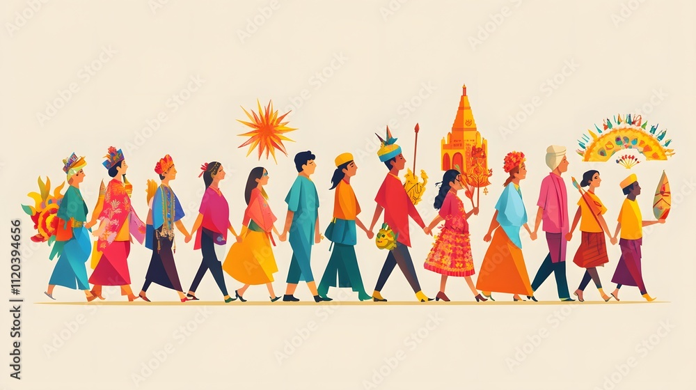 Colorful group procession holding traditional cultural symbol under bright sun celebrating cultural unity and tradition Colorful group procession holding traditional cultural symbol under bright sun celebrating cultural unity and tradition