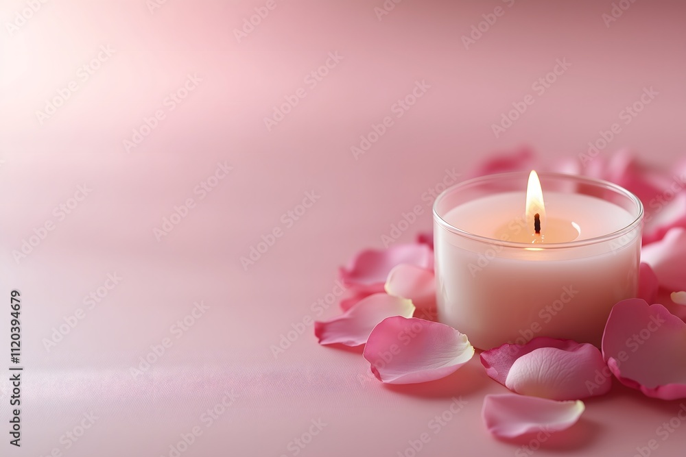 Tranquil Candle with Pink Rose Petals on a Soft Pink Background Tranquil Candle with Pink Rose Petals on a Soft Pink Background